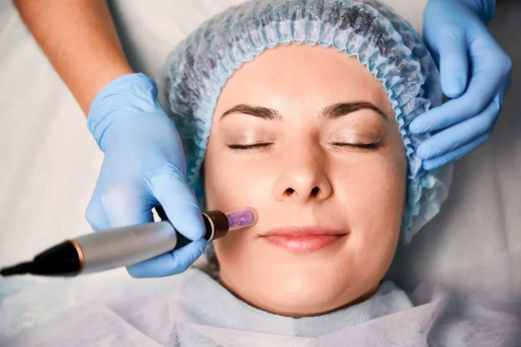Practitioner uses a microneedling device on a woman's cheek while she wears a disposable hair cap.